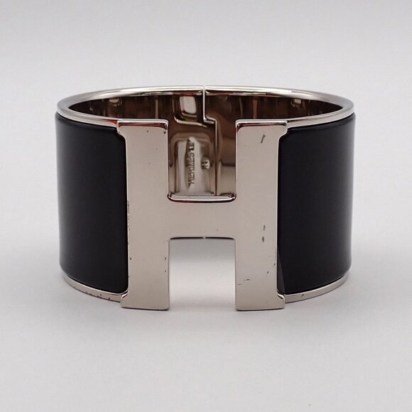 HERMES Logo Clic-Clac H XL Bracelet Black Silver 85RL215 - Picture 2 of 16